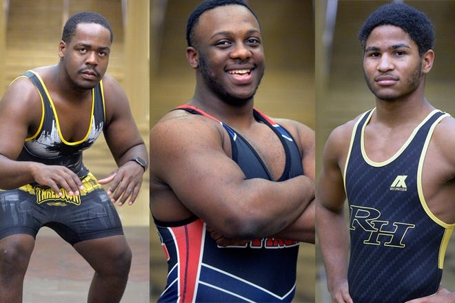 The 2019 All-Greaterr Savannah Wrestling Team includes Co-Wrestlers of the Year, from left, Ryan Smith of New Hampstead, Zekeil Walls of Effingham County and Jakeem Littles of Richmond Hill. [PHOTOS BY STEVE BISSON/SAVANNAHNOW.COM/