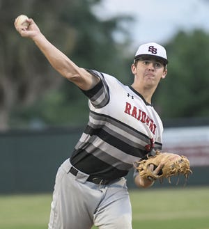 South Sumter's Evan Paxton (3) pitches against Umatilla on Friday. The Raiders topped the Bulldogs 7-0. [PAUL RYAN / CORRESPONDENT]