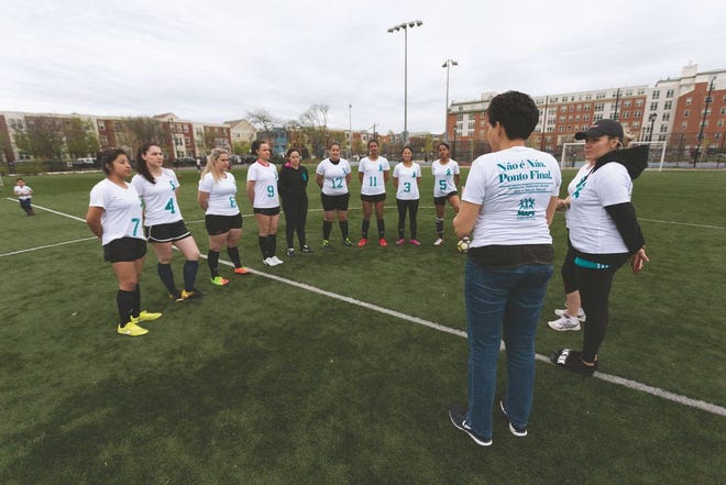 Dulce Ferreira, MA, MAPS Director of Domestic Violence and Sexual Assault Services speaks with Club Marisa Boston players about sexual abuse prevention.
