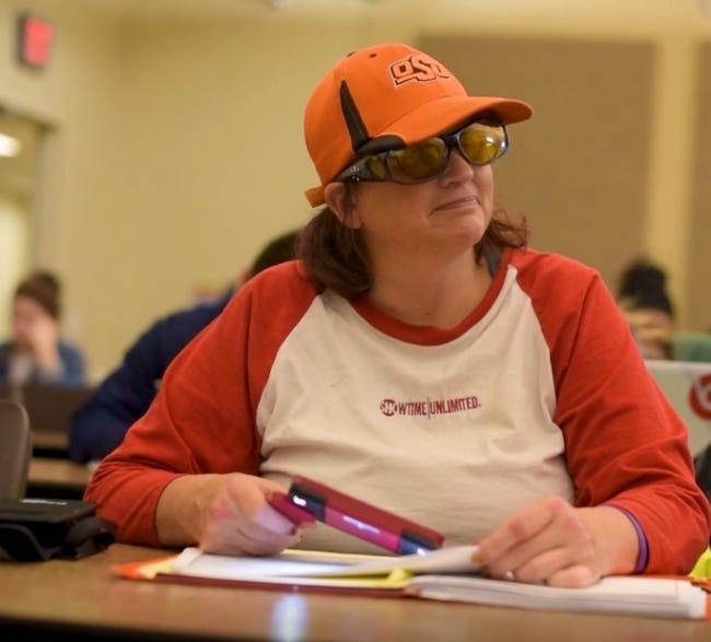 Cathy Tuton, who has become blind because of a degenerative eye disease, is pursuing a degree in enterprise development at OSU-OKC. [Photo provided]