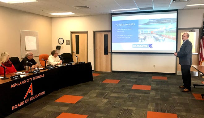 From left: vice president Lindsy Saffle, board Member Mike Heimann and board Member Bryan Lefelhoc listen as Hammond Construction partner John Kirkpatrick details the cafeteria updates scheduled to begin this summer during Ashland School Board's work session on Monday.