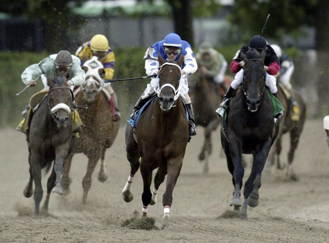 Bucks County's Smarty Jones, center, with jockey Stewart Elliott aboard, leads Rock Hard Ten, right, with Alex Solis aboard, and Birdstone, left, with Edgar Prado up, at the head of the mainstretch during the Belmont Stakes at Belmont Park, Saturday, June 5, 2004, in Elmont, N.Y. Birdstone won the race, Smarty Jones finished second. Bucks has a long history of horse racing, says columnist Carl LaVO. [AP FILE PHOTO]
