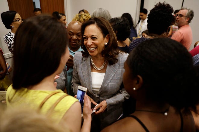Sen. Kamala Harris, D-Calif., greets supporters after a general election campaign event with Sen. Bob Casey, D-Pa., Friday, July 13, 2018, in Philadelphia. Casey is seeking a third term in November's election and is being challenged by Republican U.S. Rep. Lou Barletta of northeastern Pennsylvania. (AP Photo/Matt Slocum)