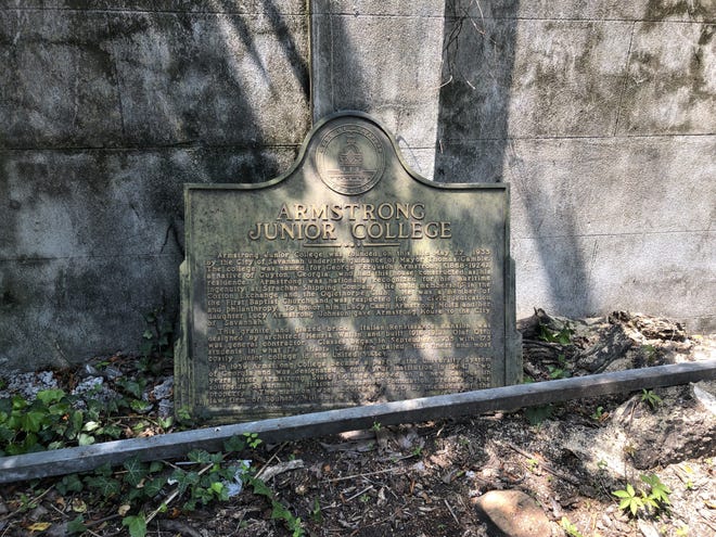 The marker that was in front of the 100-year-old Armstrong Mansion will be installed on the sidewalk in front of the building after some restoration work is performed, according to a project manager with the Kessler Collection. [Eric Curl/savannahnow.com]