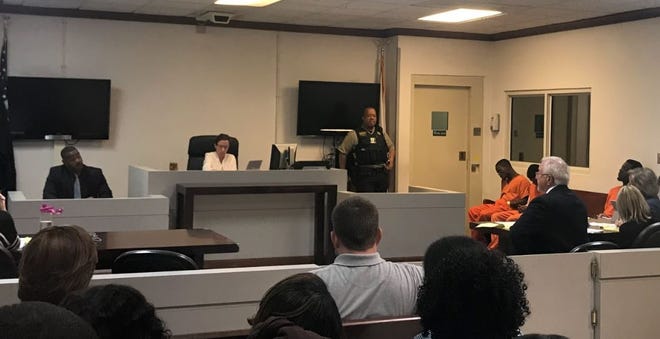 Tuscaloosa Violent Crimes Unit Investigator Marcus Bell testified at a preliminary hearing for capital murder defendants Dexter Wayne Cunningham II, Bryan Groom and Milton Prentice before District Judge Joanne Jannik at the Tuscaloosa County Jail Monday, April 8, 2019. [Staff photo/Stephanie Taylor]