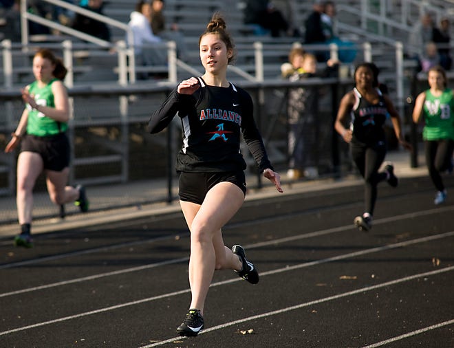 Alliance's Meghan Frazier easily wins the girls 100 meter dash in an Eastern Buckeye Conference dual meet against West Branch at Clinton Heacock Stadium Thursday March 28, 2019. Michael Skolosh, Special to The Review