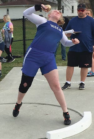 Allea Klauenberg placed third in the shot put (34 feet, 7 ½ inches) and fourth in the discus (92-4) last week at the Kip Janvrin Invitational. Photo by Andrew Logue/News-Republican