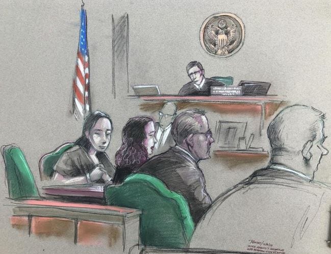 In this artist's sketch, Yujing Zhang, left, listens Monday during a hearing before federal Magistrate Judge William Matthewman in West Palm Beach, Fla. Secret Service agents arrested the 32-year-old woman March 30 after they say she gained admission to President Donald Trump's Mar-a-Lago resort by falsely telling a checkpoint she was a member and was going to swim. [Daniel Pontet via AP]