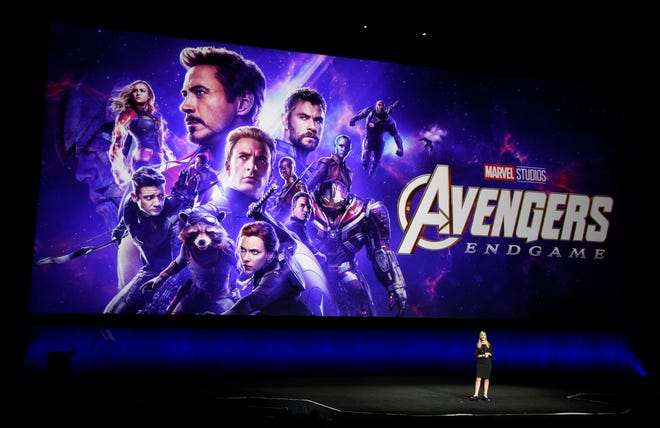 Cathleen Taff, president of distribution, franchise management, business and audience insight for Walt Disney Studios, discusses the upcoming Marvel film "Avengers: Endgame" during the Walt Disney Studios Motion Pictures presentation at CinemaCon 2019, the official convention of the National Association of Theatre Owners (NATO) at Caesars Palace, Wednesday, April 3, 2019, in Las Vegas. (Photo by Chris Pizzello/Invision/AP)