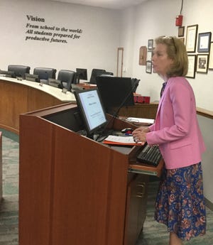 Savannah-Chatham County Public School System budget director Paige Cooley presented a budget snapshot at a budget committee meeting Monday. The school board is scheduled to discuss budget objectives at its regular board meeting at 2 p.m. Wednesday at 2 Laura Ave. [Ann Meyer/savannahnow.com]