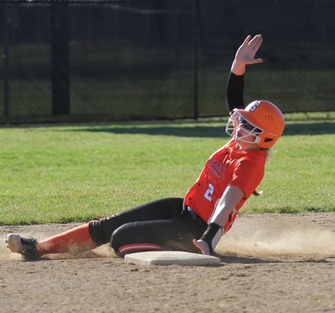 Madison Pueschel of Sturgis slides safely into second base for a steal against Harper Creek on Tuesday.