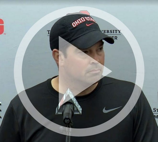 Ohio State head football coach Ryan Day speaks to the media on April 10th, 2019 in Columbus, Ohio.