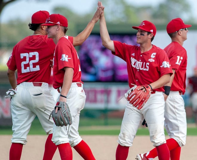 The Nicholls baseball team and senior captain Ethan Valdez (right) are 8-7 in the Southland Conference halfway through the conference season. [Nicholls State University]