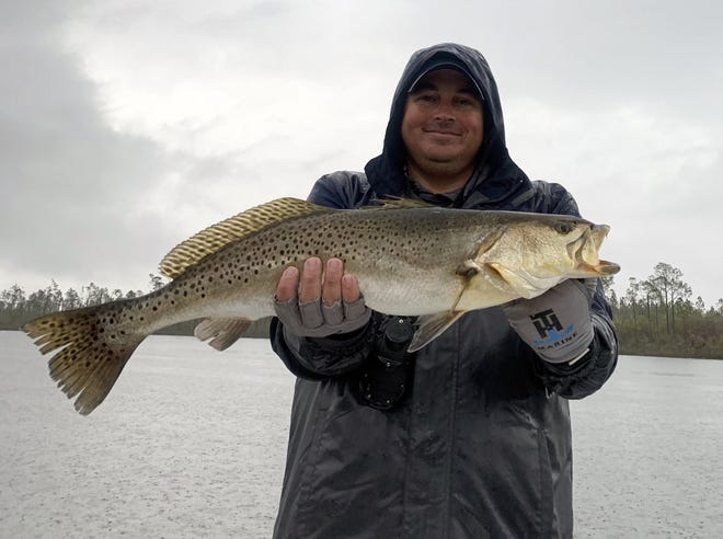 AJ catches a 26-inch trout during Day 1 of the Power Pole Pro redfish tournament. [CONTRIBUTED PHOTOS]