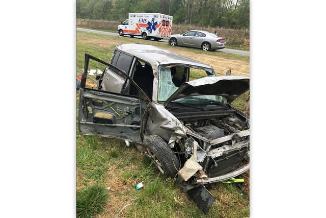 TOTAL LOSS — This 2006 Toyota Scion was destroyed after it flipped two or three times. Two people inside were ejected but are in stable condition. (Contributed photo)