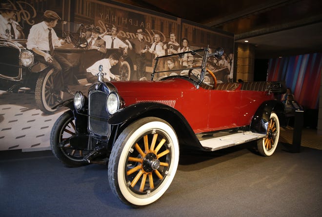 The "Hupmobile" is displayed at the annual NFL football owners meeting March 25 in Phoenix. Fifteen men were ready to launch the 10 charter teams of the National Football League in 1920 when they gathered in Ralph Hay's car showroom in Canton. The vehicle would play a key role in conducting business that day. (Associated Press/Rick Scuteri)
