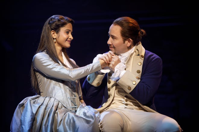 Shoba Narayan and Joseph Morales in the "Hamilton" national tour. [Contributed by Joan Marcus]