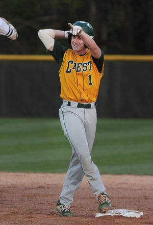 Crest's Michael Green reacts to getting a double in the Chargers 5-0 win at North Gaston last Thursday. [Mike Hensdill/The Gaston Gazette]