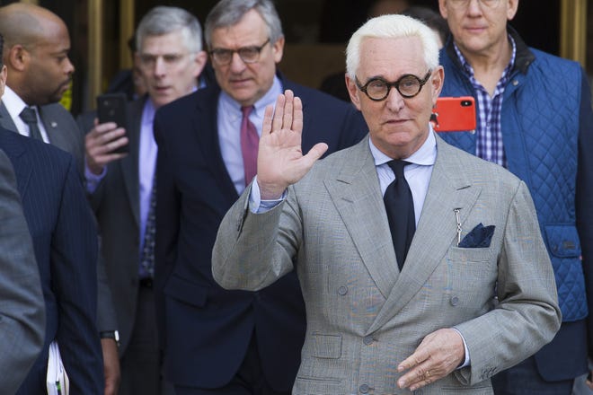 Roger Stone, an associate of President Donald Trump, leaves U.S. District Court last month after a court status conference on his seven charges: one count of obstruction of an official proceeding, five counts of false statements and one count of witness tampering, in Washington. [CLIFF OWEN/THE ASSOCIATED PRESS]