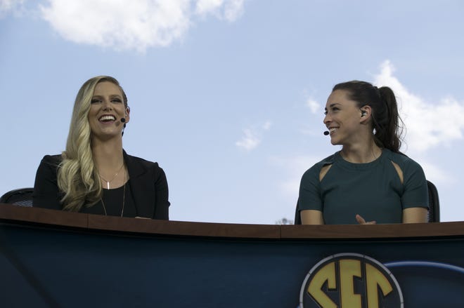 Madison Shipman and Kayla Braud are shown at the 2018 SEC Softball Tournament in Columbia, Missouri. Braud, a former Alabama player and three-time All-American, will be in the broadcast booth in Tuscaloosa on Saturday for ESPN2 to call the matchup between Alabama and Georgia. (Photo/Emily Merritt, ESPN Images]