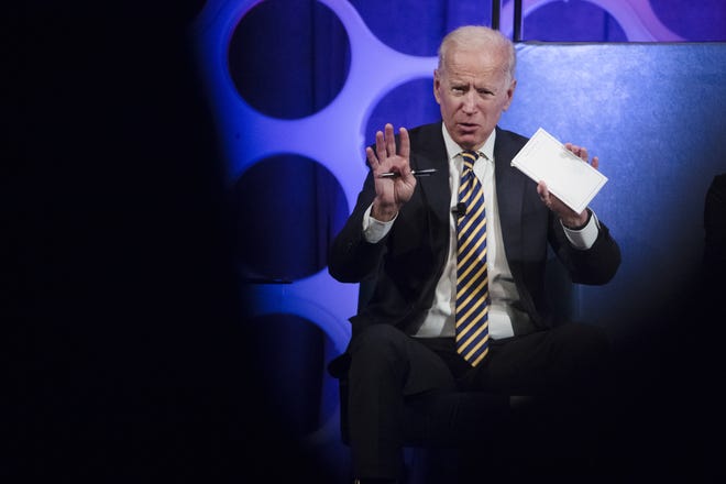 Former Vice President Joe Biden takes part in a forum on the opioid epidemic at the University of Pennsylvania in Philadelphia on Thursday. (AP Photo/Matt Rourke)