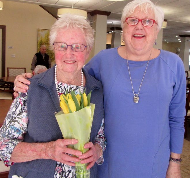 Betty Beecher, who turns 95 on Monday April 15 2019, with fellow resident Nancy Grogan at Fairing Way at Union Point on Saturday April 13, 2019. The residents surprised Betty with a party at her weekly rummikub game.