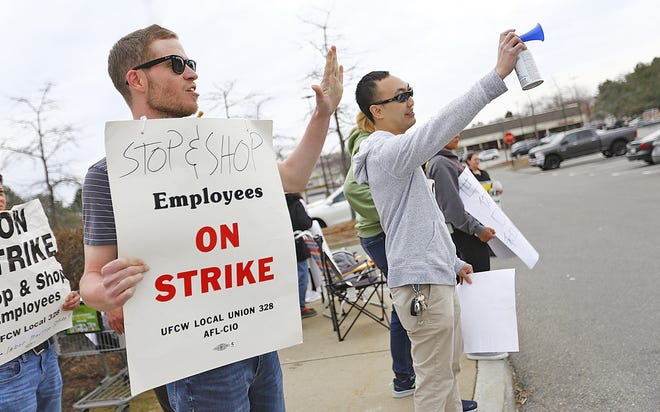 Striking Stop and Shop workers, includinge Brian Raftery of the deli department at left, picket at the companies North Quincy store on Newport Ave.

on Sunday, April 14, 2019 (Greg Derr/The Patriot Ledger)
