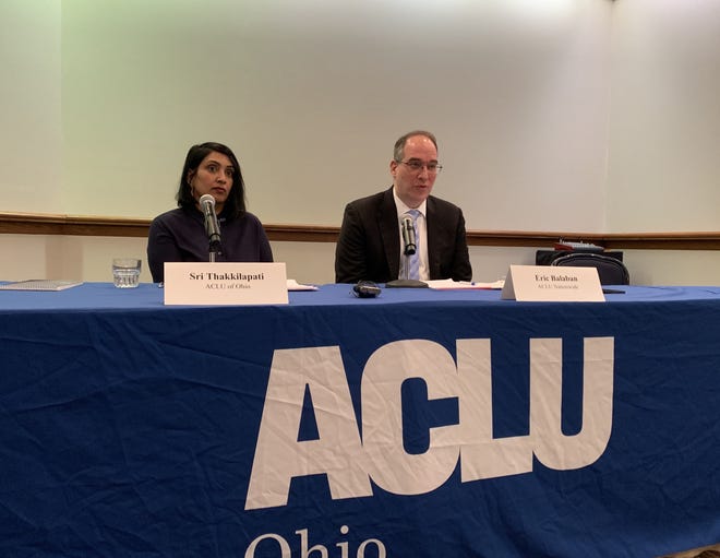 Sri Thakkilapati (left), a senior policy researcher for ACLU of Ohio, and Eric Balaban, senior staff counsel for the ACLU in Washington, D.C., discuss a report on mayor’s courts released on Monday. [Kevin Stankiewicz/Dispatch]