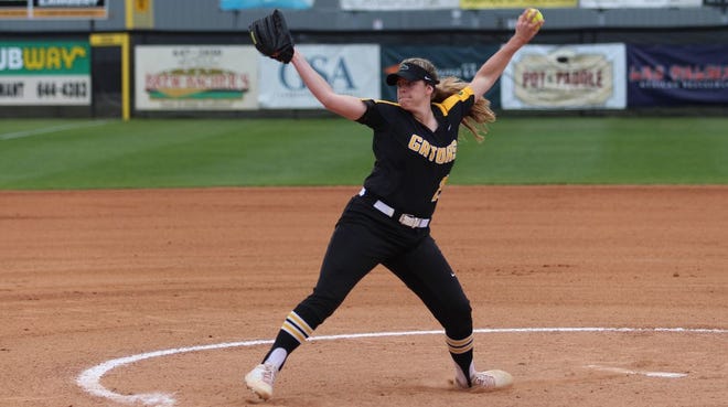 St. Amant's Alyssa Romano collected 10 strikeouts in the Lady Gators' first-round playoff victory over Live Oak. Photo by Kyle Riviere.