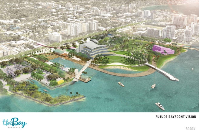 Plans for the more than $300 million project call for several pedestrian bridges, a relocated boat ramp, a waterfront promenade, one-acre event lawn, a 3,000- to 4,000-square-foot casual restaurant, smaller food kiosks, a bait and tackle shop, a new performing arts center, a repurposed Van Wezel Performing Arts Hall, children’s play space, botanical gardens and a cultural district that preserves the Sarasota Garden Club, art center, history center, Blue Pagoda and Municipal Auditorium. The entire 53-acre project could take 10 to 15 years to build, planners have said. [Provided by Sarasota Bayfront Planning Organization]