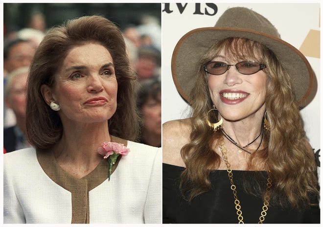 This combination of photos shows Jacqueline Kennedy Onassis in New York in 1992, left and Carly Simon at the 2016 Clive Davis Pre-Grammy Gala in Beverly Hills, Calif., on Feb. 14, 2016. Simon is writing a memoir about Kennedy Onassis. Farrar, Straus and Giroux announced Monday, April 15, 2019, that Simon's "Touched by the Sun" is scheduled for Oct. 22. According to the publisher, the two met at a summer party on Martha's Vineyard and began an "improbable, but lasting friendship." [AP Photo]