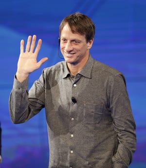 American legendary skateboarder Tony Hawk attends at the Italian State RAI TV program "Che Tempo che Fa", in Milan, Italy, Sunday, March 12, 2017. Skateboard enthusiasts turned out by the thousands to welcome industry legend Tony Hawk to a new Oklahoma City park on Sunday, April 14, 2019. [AP Photo/Antonio Calanni]