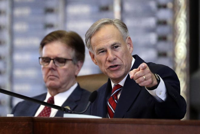 Governor Greg Abbott, right, has advocated for legislation to put “civics education back in our schools to make sure kids learn what Texas is all about.” [AP PHOTO/ERIC GAY/FILE]