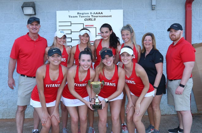 The North Oconee girls tennis team after winning the region tournament on Wednesday, April 10, 2019 (photo by Matthew Caldwell/mcaldwell@onlineathens.com)