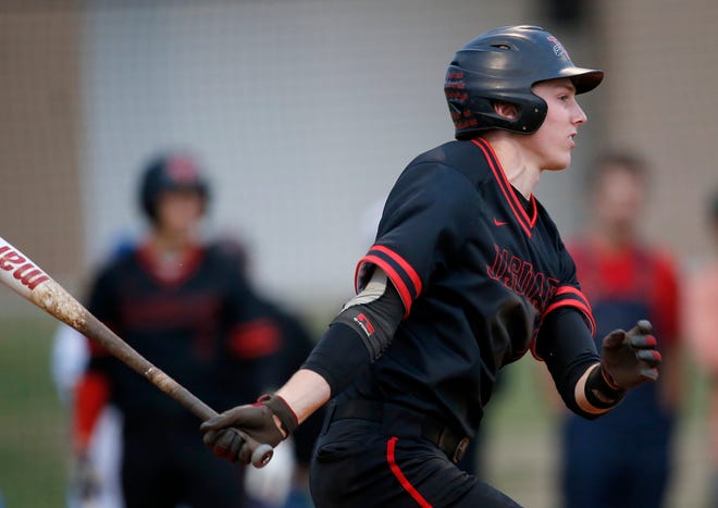 Westmoore's Jace Bohrofen hits a single during a high school baseball game between Westmoore and Norman at Westmoore High School in Moore, Okla., Tuesday, April 16, 2019. Photo by Sarah Phipps, The Oklahoman
an