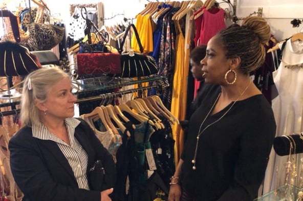 Representative Susan Wild (PA- 7) and One's Chic Boutique owner Jenel Thomas discuss issues faces small business owners in Stroudsburg on Wednesday, April 17, 2019. [ASHLEY C. FONTONES/POCONO RECORD]
