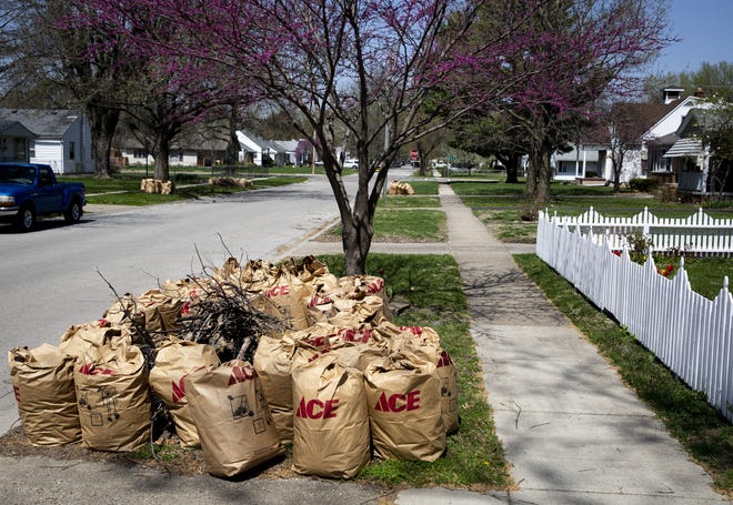 Yard waste bags await pickup on South College Street Wednesday, April 17, 2019 in Springfield, Ill. The Springfield City Council has approved changes to the program that allows for bi-weekly pickup from April through December. [Rich Saal/The State Journal-Register]