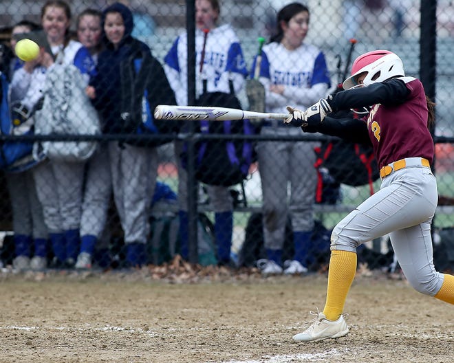Weymouth's Anjelika Macaibay hits a single in the bottom of the sixth inning of their game against Scituate at Weymouth High on Tuesday, April 9, 2019. [Wicked Local Staff Photo/ Robin Chan]