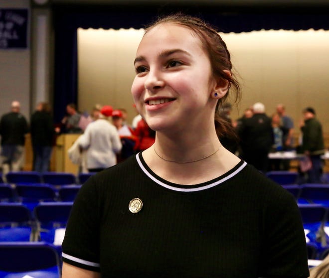 Ciretta MacKenzie shares her thoughts after an hour-long public comment at Thursday's School Board meeting. The Epping High School freshman was thrown into the middle of a First Amendment debate after she was told to remove a Donald Trump "Make America Great Again" T-shirt she wore at school during a day to celebrate patriotism last week.
[Ioanna Raptis/Seacoastonline]