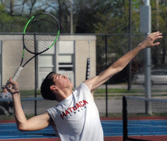 Matoaca's Preston Wright prepares to serve in the Warriors' 5-4 win over Colonial Heights on Tuesday. Wright won his individual match, defeating Austin Bennett. [Jeff Milby/progress-index.com]