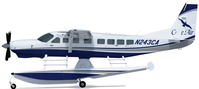 A rendering showing the branding and floats planned for a Cessna 208EX Cape Air bought as part of the aquisition of a Connecticut-based sea plane company. [Courtesy of Cape Air]