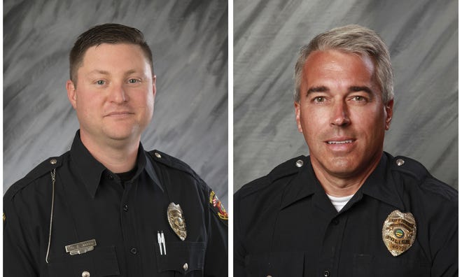 Westerville Officers Eric Joering, 39, left, and Anthony Morelli, 54, were fatally shot while responding to a hangup 911 call on Saturday, Feb. 10, 2018. [Provided by the city of Westerville via AP]