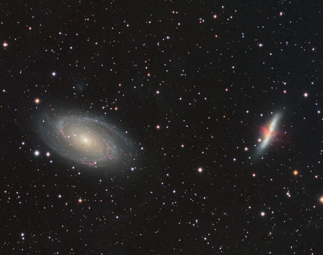 Galaxies M81 (at left) and M82, in Ursa Major. This photo was cropped. Licensed under the Creative Commons Attribution-Share Alike 4.0 International license. 

Keesscherer/ Wikimedia Commons