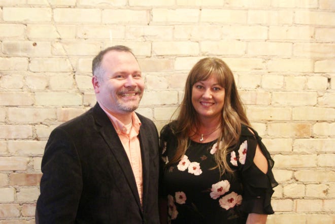 New Lake Odessa Village Manager Patrick Reagan and outgoing Village Manager Julie Salman at a welcome/farewell party for the two on Thursday, April 18. [MITCHELL BOATMAN/SENTINEL STAFF]
