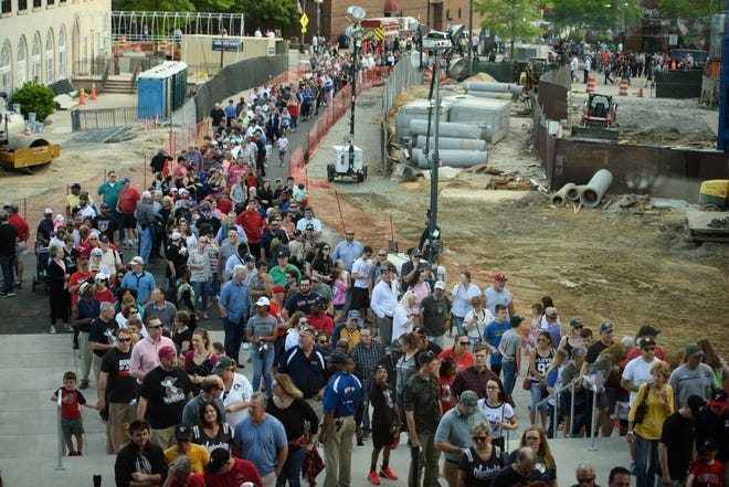 More than 6,000 people attended the Fayetteville Woodpeckers' home opener Thursday at Segra Stadium. [Andrew Craft/The Fayetteville Observer]