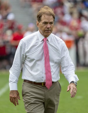 Alabama coach Nick Saban on Monday will undergo hip replacement surgery. [Vasha Hunt/The Associated Press/File]