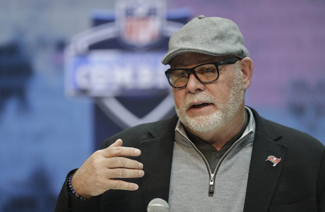 Tampa Bay Buccaneers head coach Bruce Arians speaks during a press conference at the NFL football scouting combine on Feb. 27 in Indianapolis. [AP Photo/Darron Cummings, File]