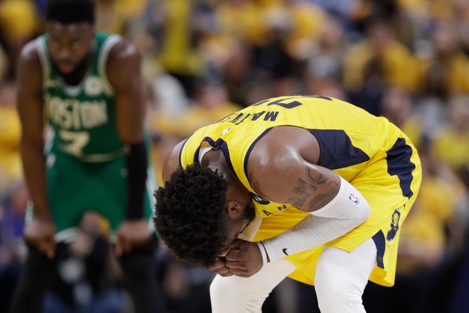 Indiana Pacers' Wesley Matthews reacts during the second half of Game 3 of the team's NBA basketball first-round playoff series against the Boston Celtics, Friday, April 19, 2019, in Indianapolis. Boston won 104-96. (AP Photo/Darron Cummings)