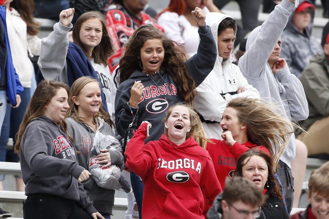 Fans cheer on the Bulldogs during Saturday's G-Day game in Athens. [JOSHUA L. JONES/ATHENS BANNER-HERALD]