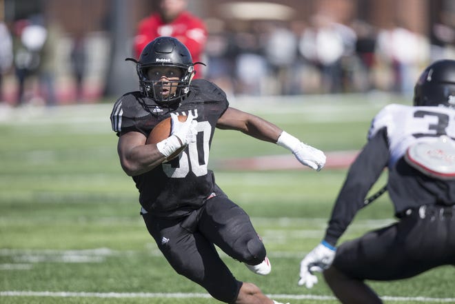 Former Lena-Winslow star Rahveon Valentine had a big day during Northern Illinois' spring Huskie Bowl on Saturday, showing that he's ready to contribute this upcoming season. [PHOTO PROVIDED BY NIU]